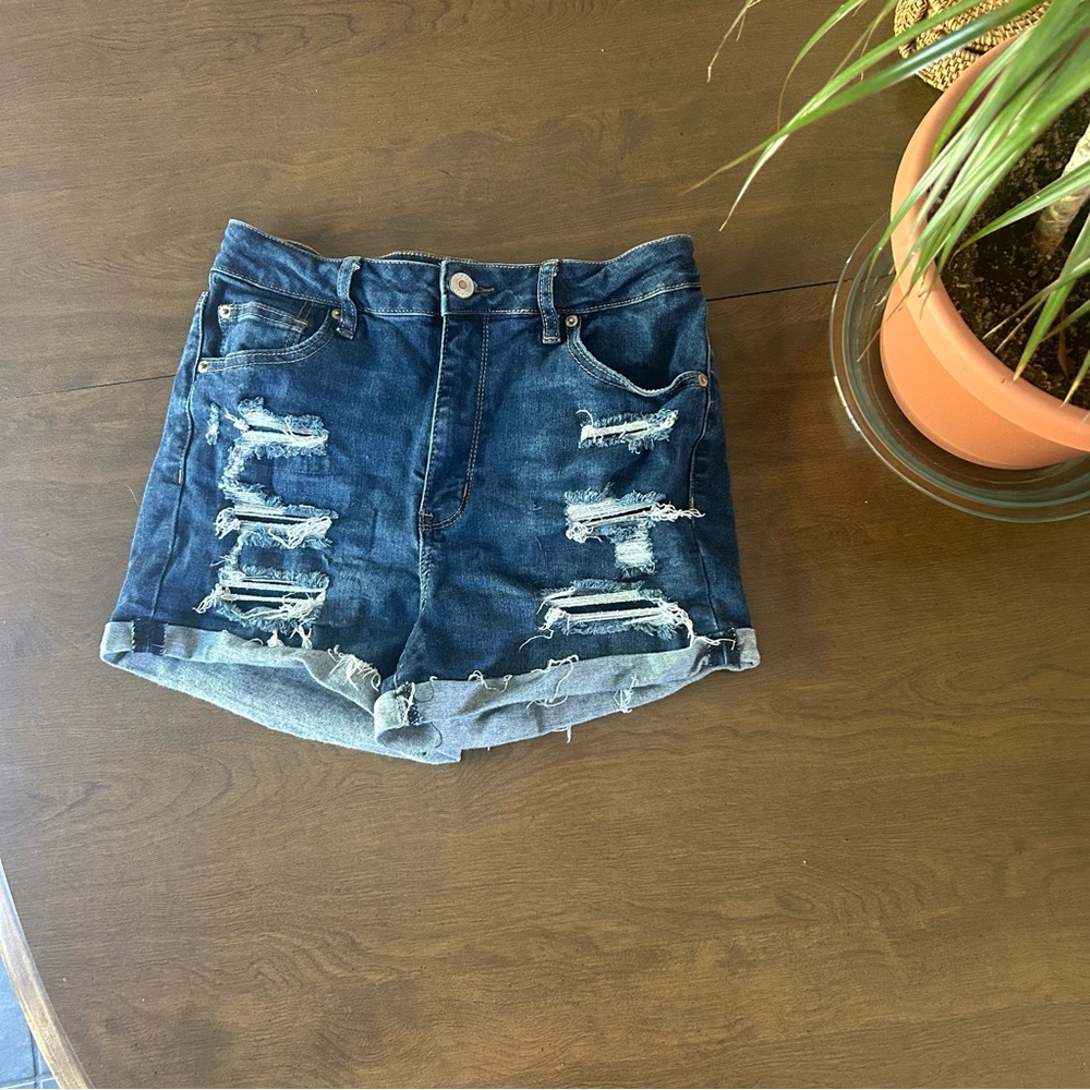 Distressed High Rise Denim Shorts